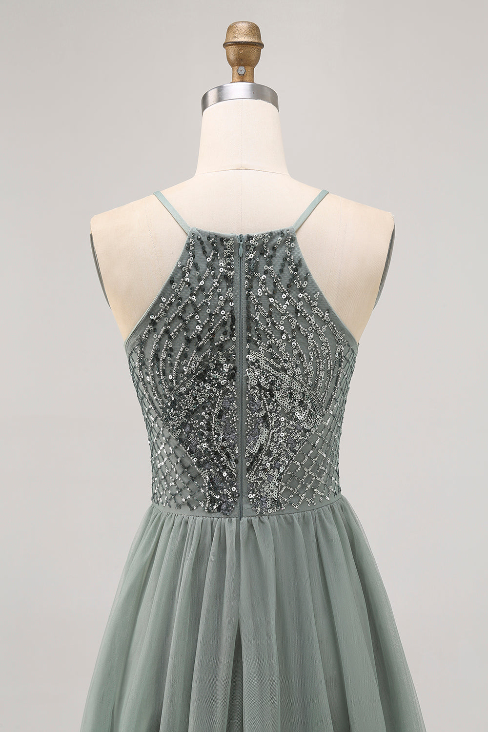 Grey Green A-line Tulle Sequins Short Prom Dress with Sequins