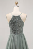 Grey Green A-line Tulle Sequins Short Prom Dress with Sequins
