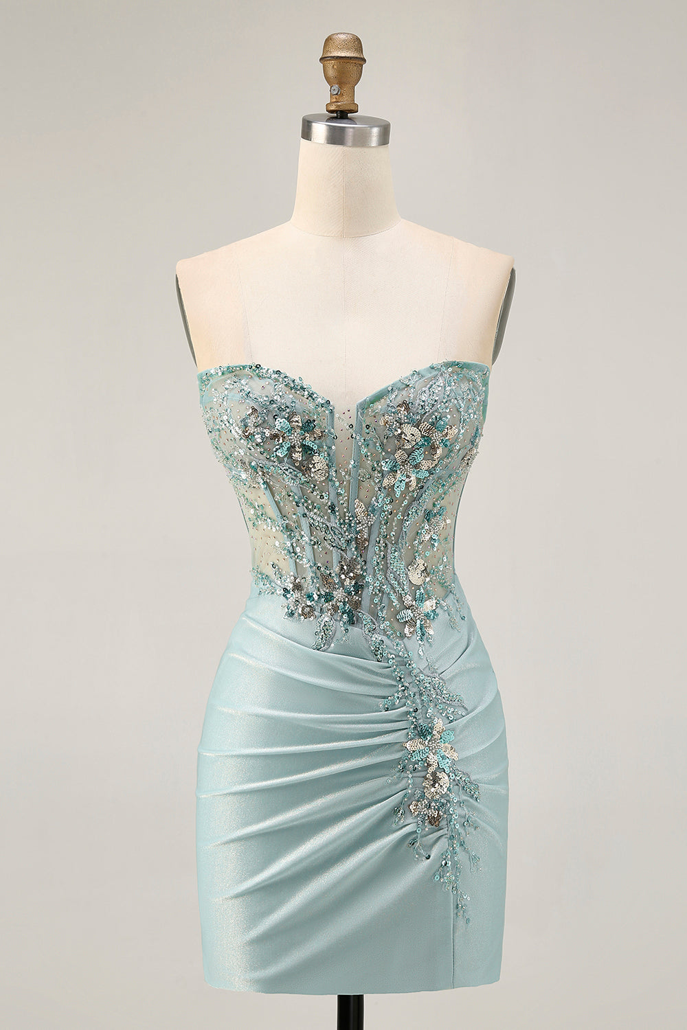 Grey Green Bodycon Strapless Cocktail Dress with Sequins