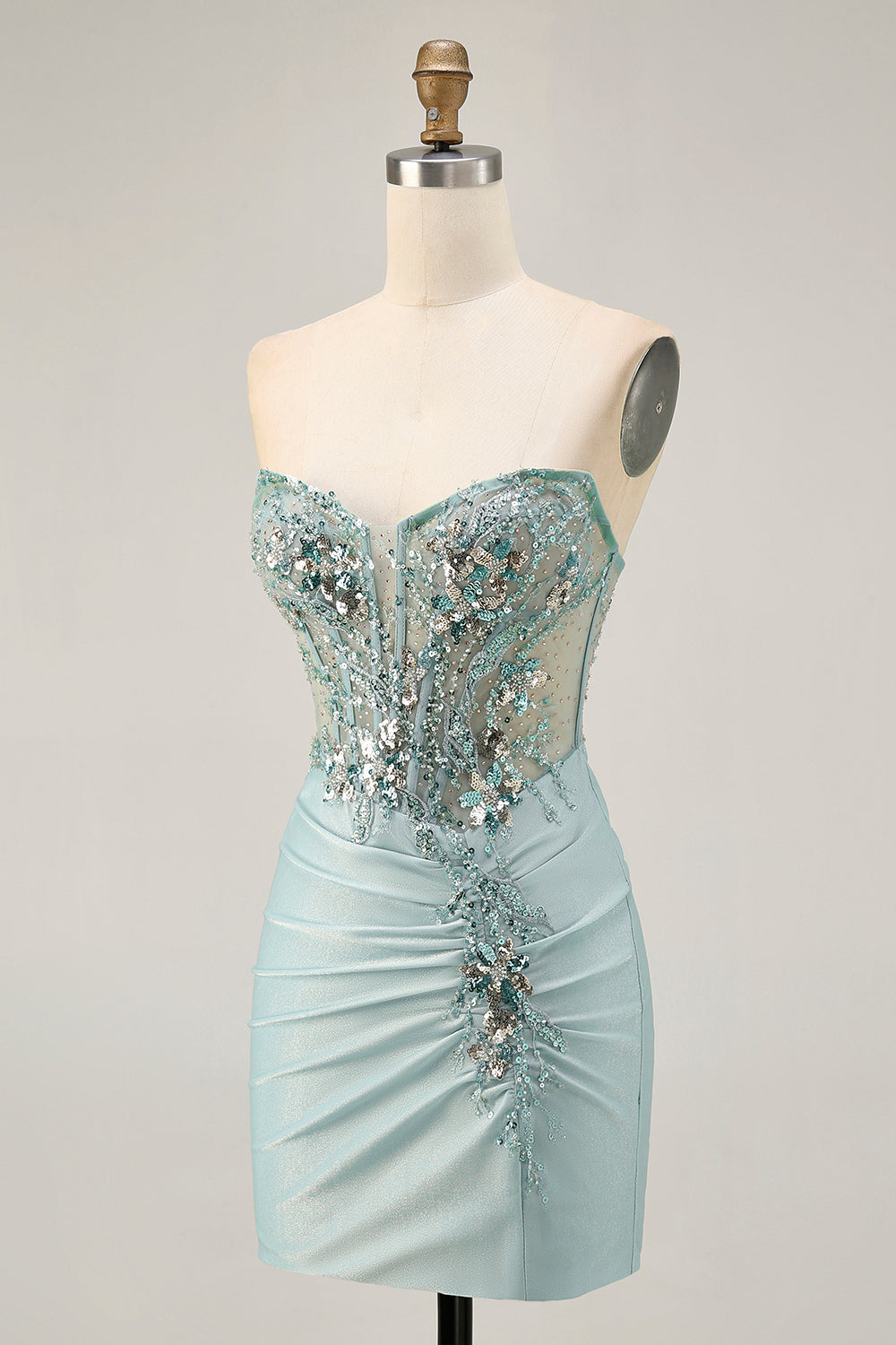 Grey Green Bodycon Strapless Cocktail Dress with Sequins