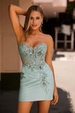 Sparkly Grey Green Bodycon Strapless Short Prom Dress with Lace Up Back