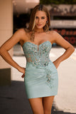 Sparkly Grey Green Bodycon Strapless Short Prom Dress with Lace Up Back