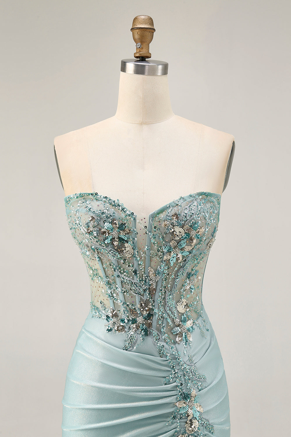 Grey Green Bodycon Strapless Cocktail Dress with Sequins