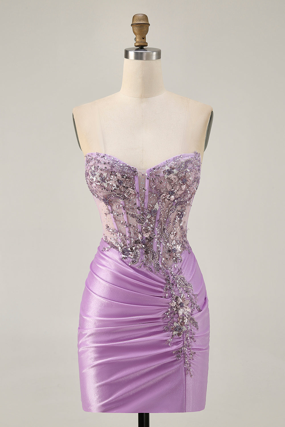 Sparkly Lilac Bodycon Strapless Short Prom Dress with Lace Up Back