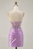 Sparkly Lilac Bodycon Strapless Short Prom Dress with Lace Up Back