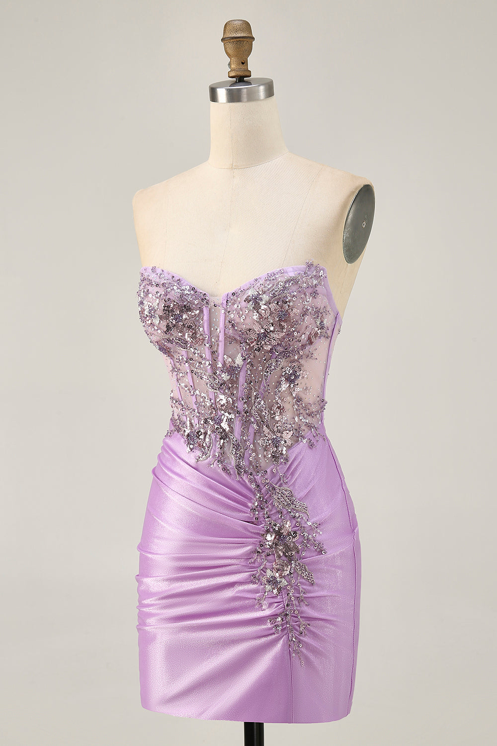 Sparkly Lilac Bodycon Strapless Short Prom Dress with Lace Up Back