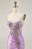 Sparkly Lilac Bodycon Strapless Short Prom Dress with Lace Up Back