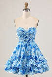Strapless A Line Blue Floral Short Ruched Cocktail Dress