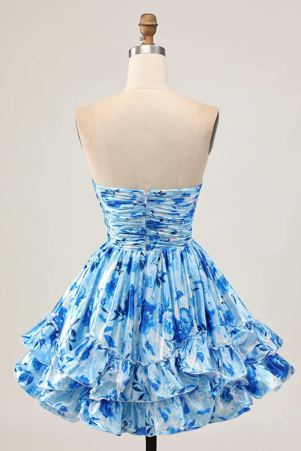 Strapless A Line Blue Floral Short Ruched Cocktail Dress