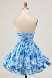 Strapless A Line Blue Floral Short Ruched Cocktail Dress