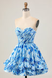 Strapless A Line Blue Floral Short Ruched Cocktail Dress