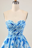 Strapless A Line Blue Floral Short Ruched Cocktail Dress
