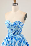 Strapless A Line Blue Floral Short Ruched Cocktail Dress