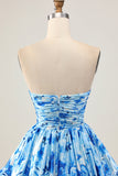 Strapless A Line Blue Floral Short Ruched Cocktail Dress