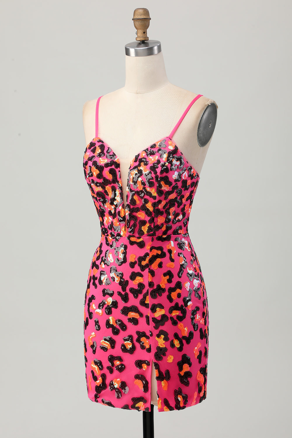 Fuchsia Bodycon Spaghetti Straps Sequins Short Prom Dress with Slit