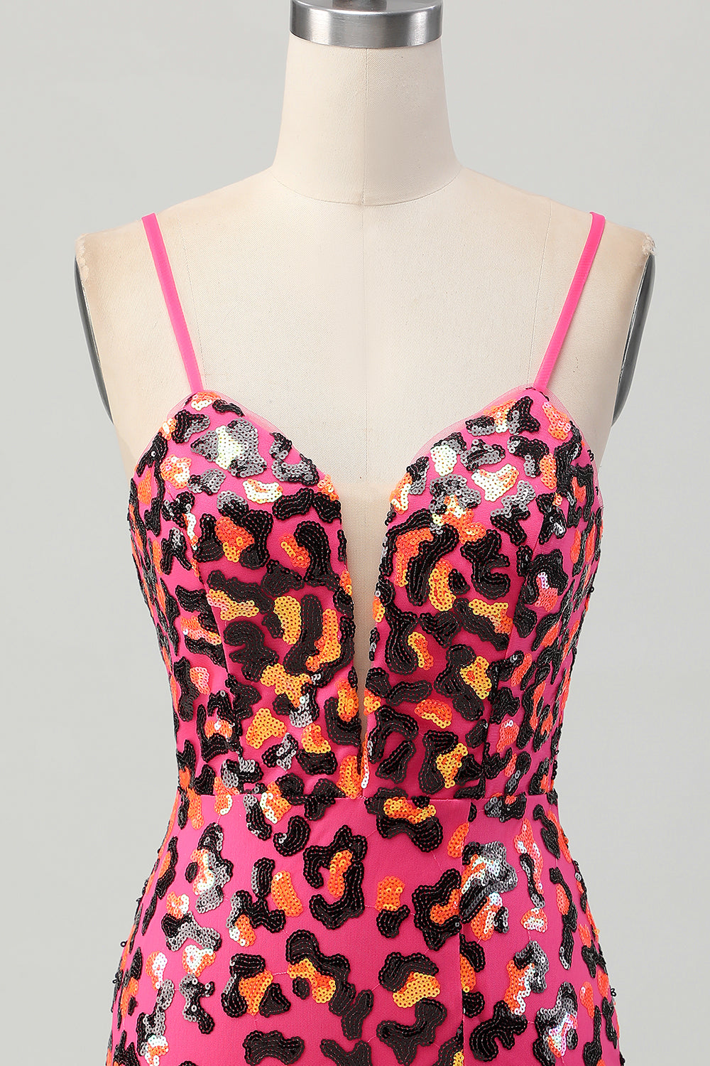 Fuchsia Bodycon Spaghetti Straps Sequins Short Prom Dress with Slit