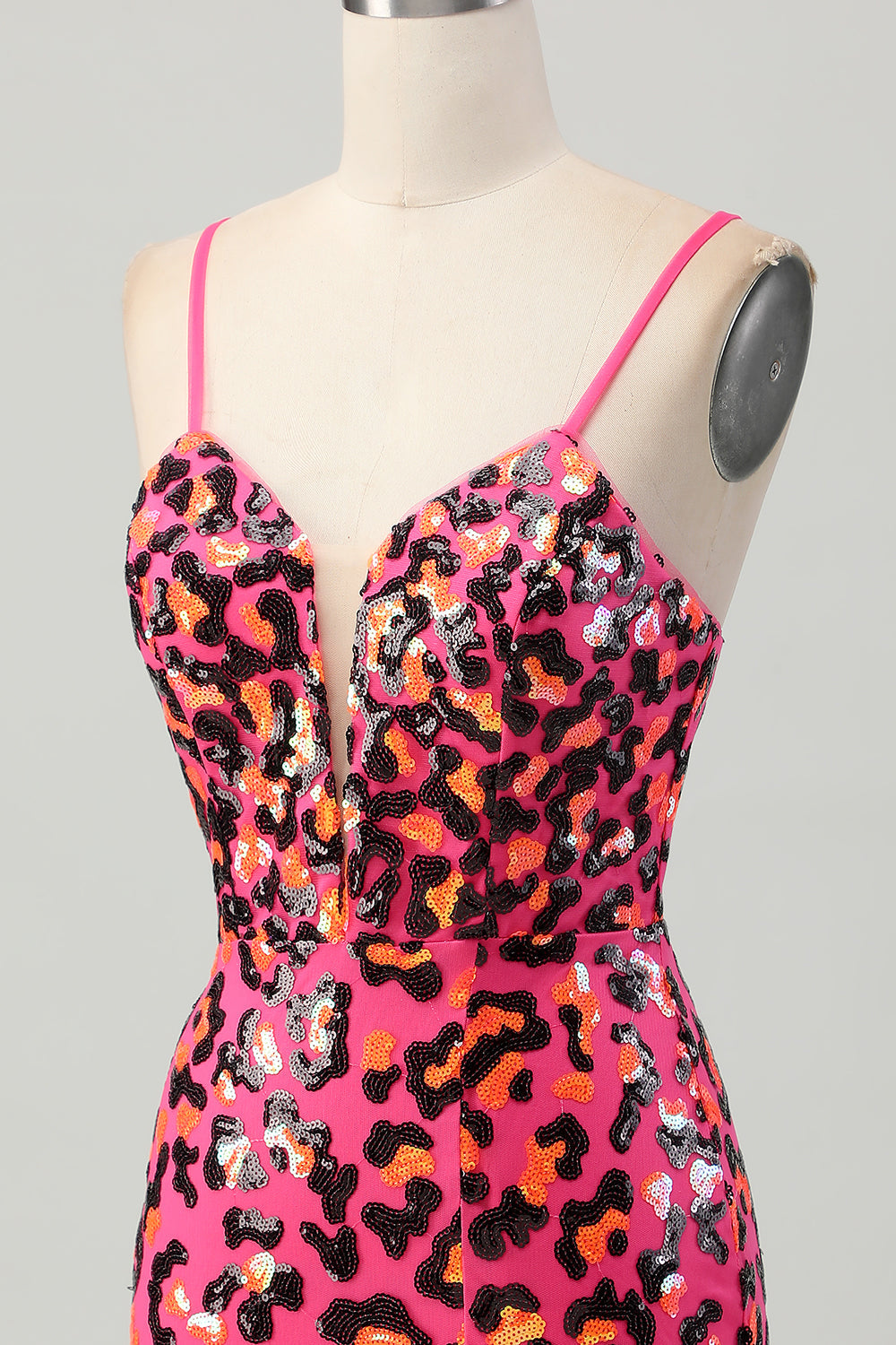 Fuchsia Bodycon Spaghetti Straps Sequins Short Prom Dress with Slit