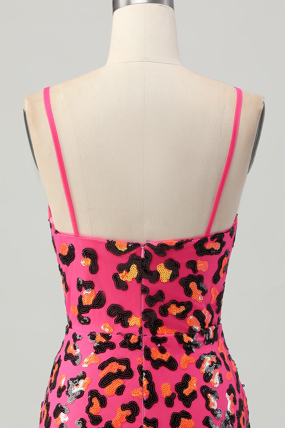 Fuchsia Bodycon Spaghetti Straps Sequins Short Prom Dress with Slit