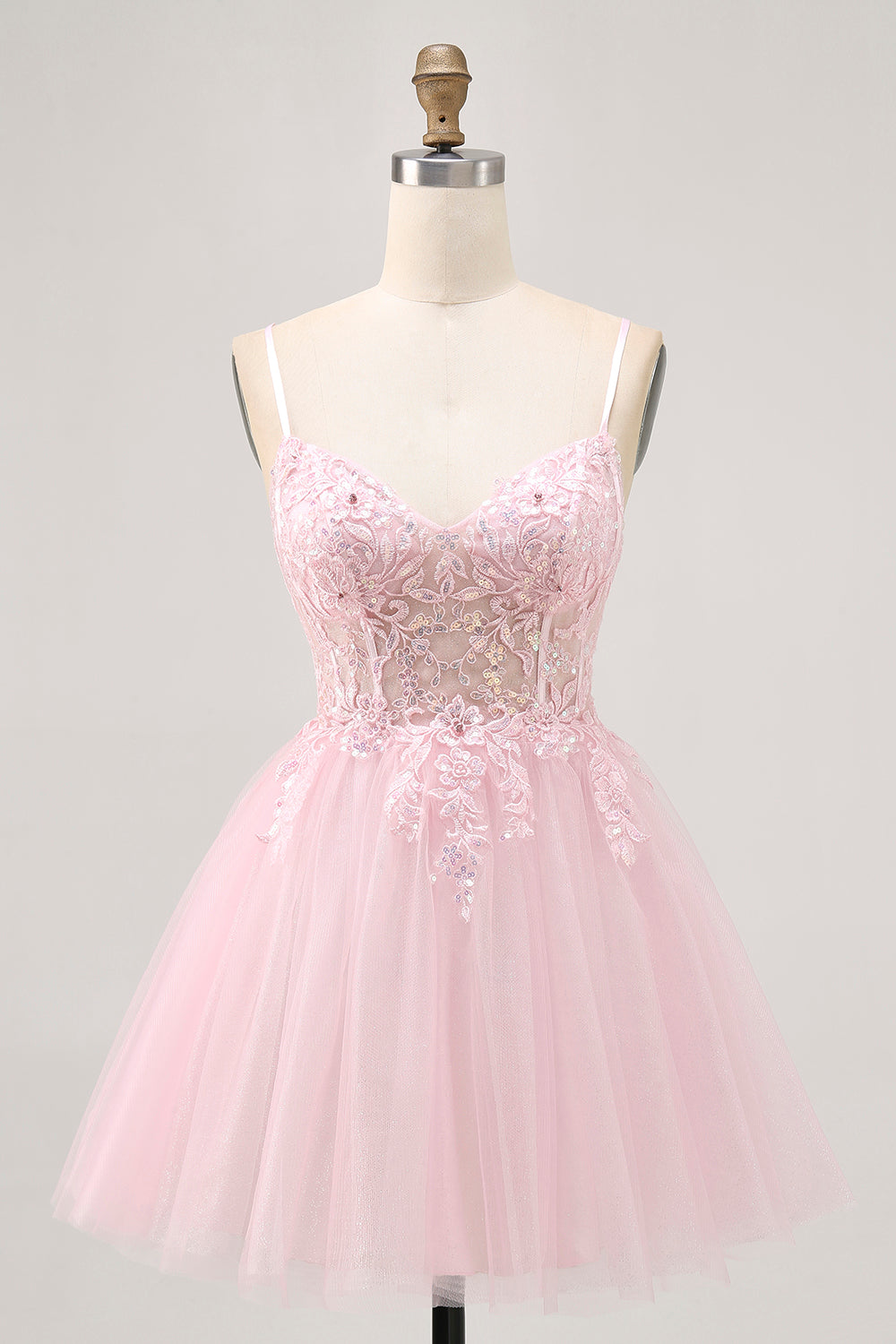 Pink A Line Corset Tulle Short Cocktail Dress with Appliques