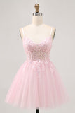 Pink A Line Corset Tulle Short Cocktail Dress with Appliques
