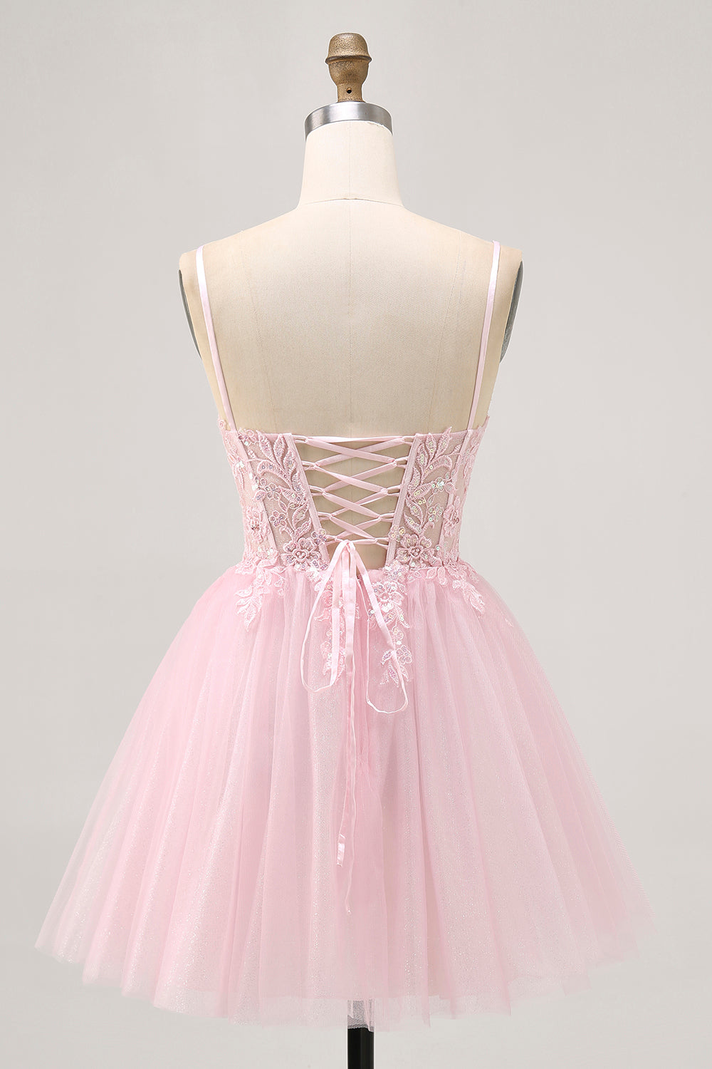 Pink A Line Corset Tulle Short Cocktail Dress with Appliques
