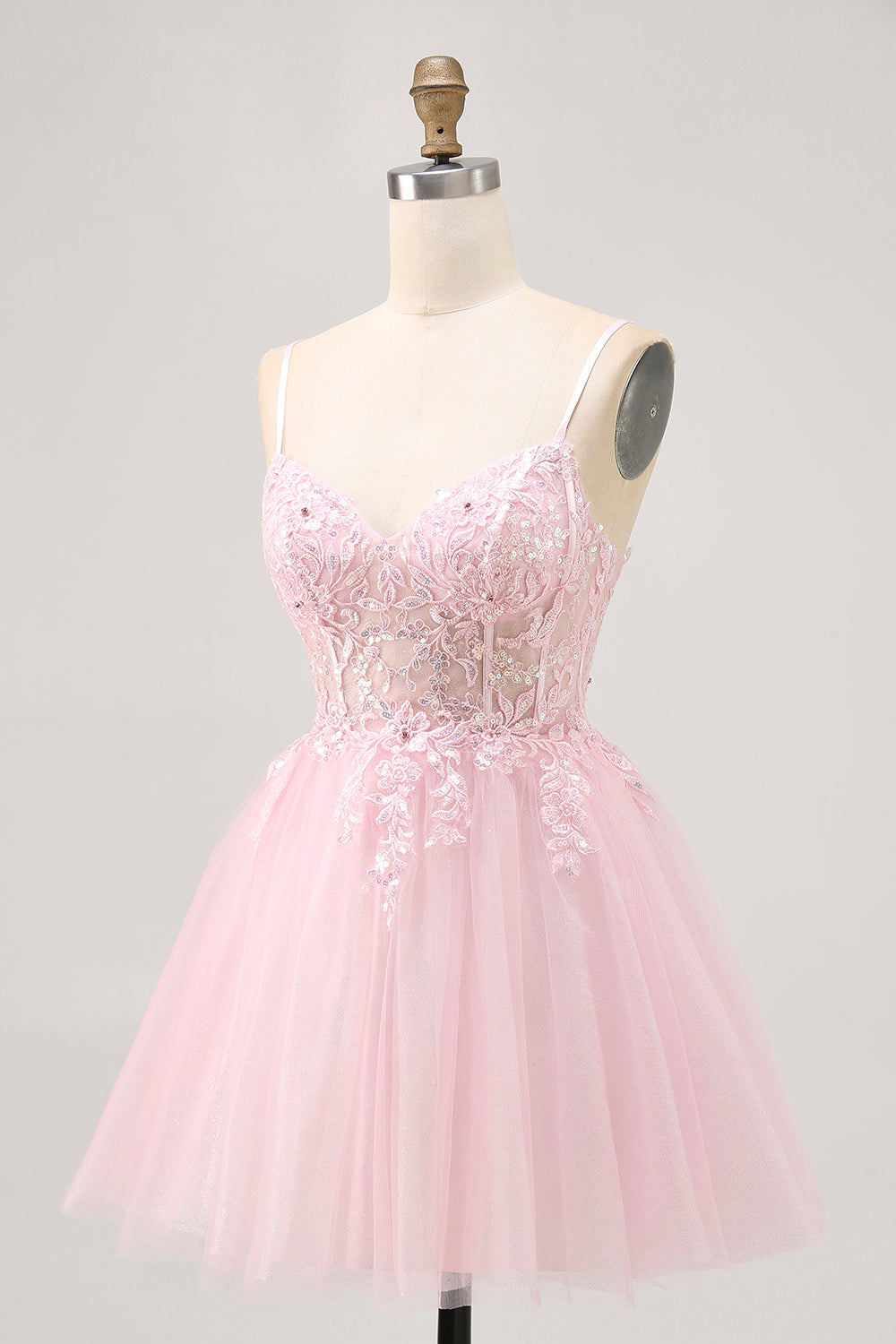Pink A Line Corset Tulle Short Cocktail Dress with Appliques