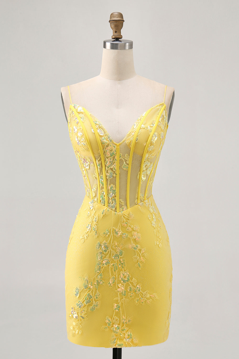 Floral Yellow Corset Tight Short Prom Dress with Sequins