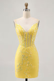 Floral Yellow Corset Tight Short Prom Dress with Sequins