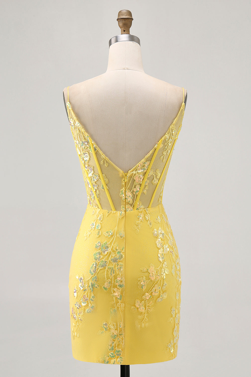 Floral Yellow Corset Tight Short Prom Dress with Sequins