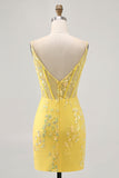 Floral Yellow Corset Tight Short Prom Dress with Sequins