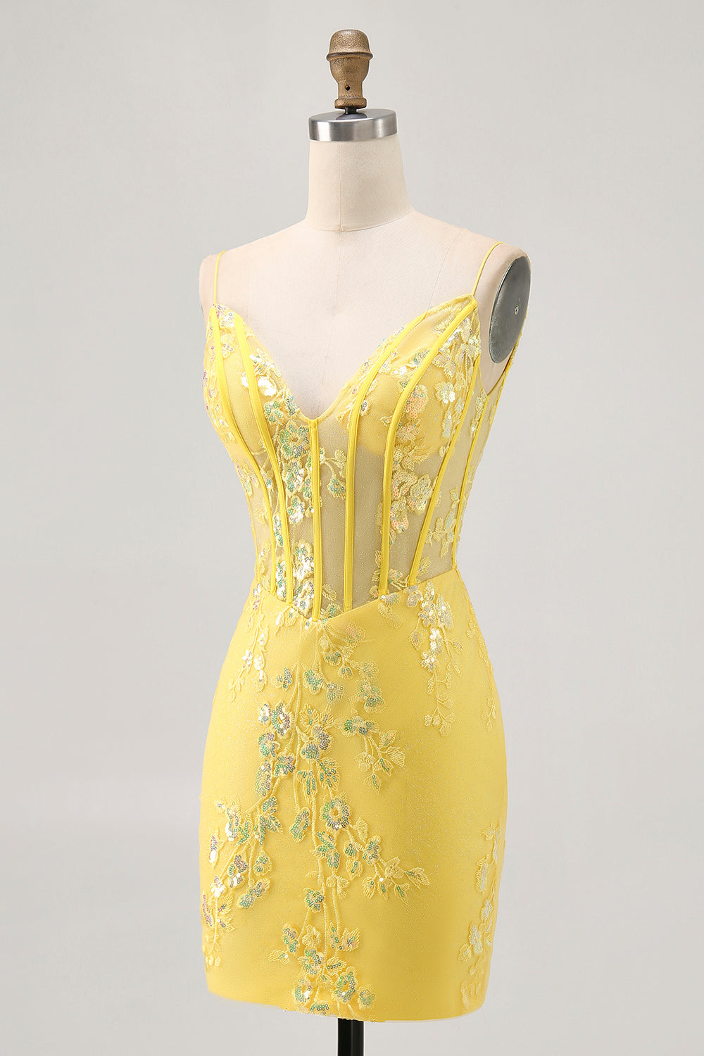 Floral Yellow Corset Tight Short Prom Dress with Sequins