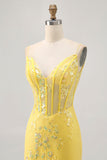 Floral Yellow Corset Tight Short Prom Dress with Sequins