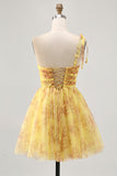 Yellow One Shoulder Sequins Printed A Line Short Prom Dress