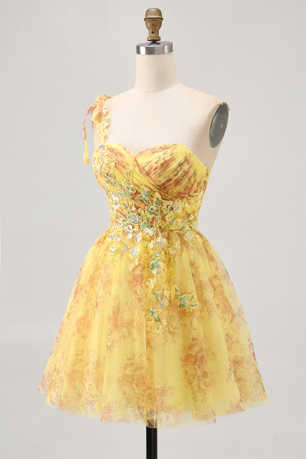 Yellow One Shoulder Sequins Printed A Line Short Prom Dress