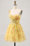 Yellow One Shoulder Sequins Printed A Line Short Prom Dress