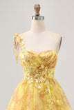 Yellow One Shoulder Sequins Printed A Line Short Prom Dress