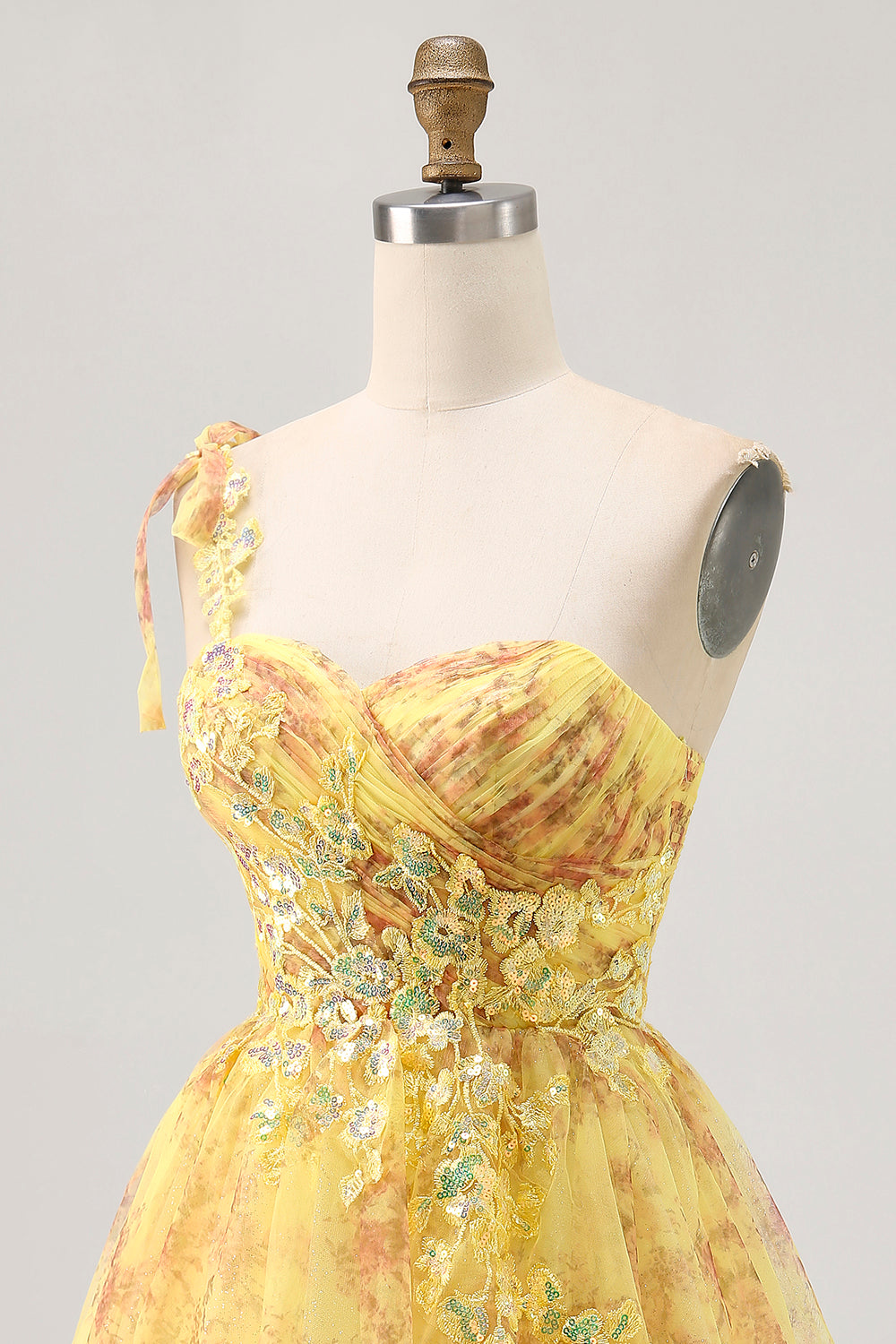 Yellow One Shoulder Sequins Printed A Line Short Prom Dress