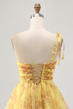 Yellow One Shoulder Sequins Printed A Line Short Prom Dress