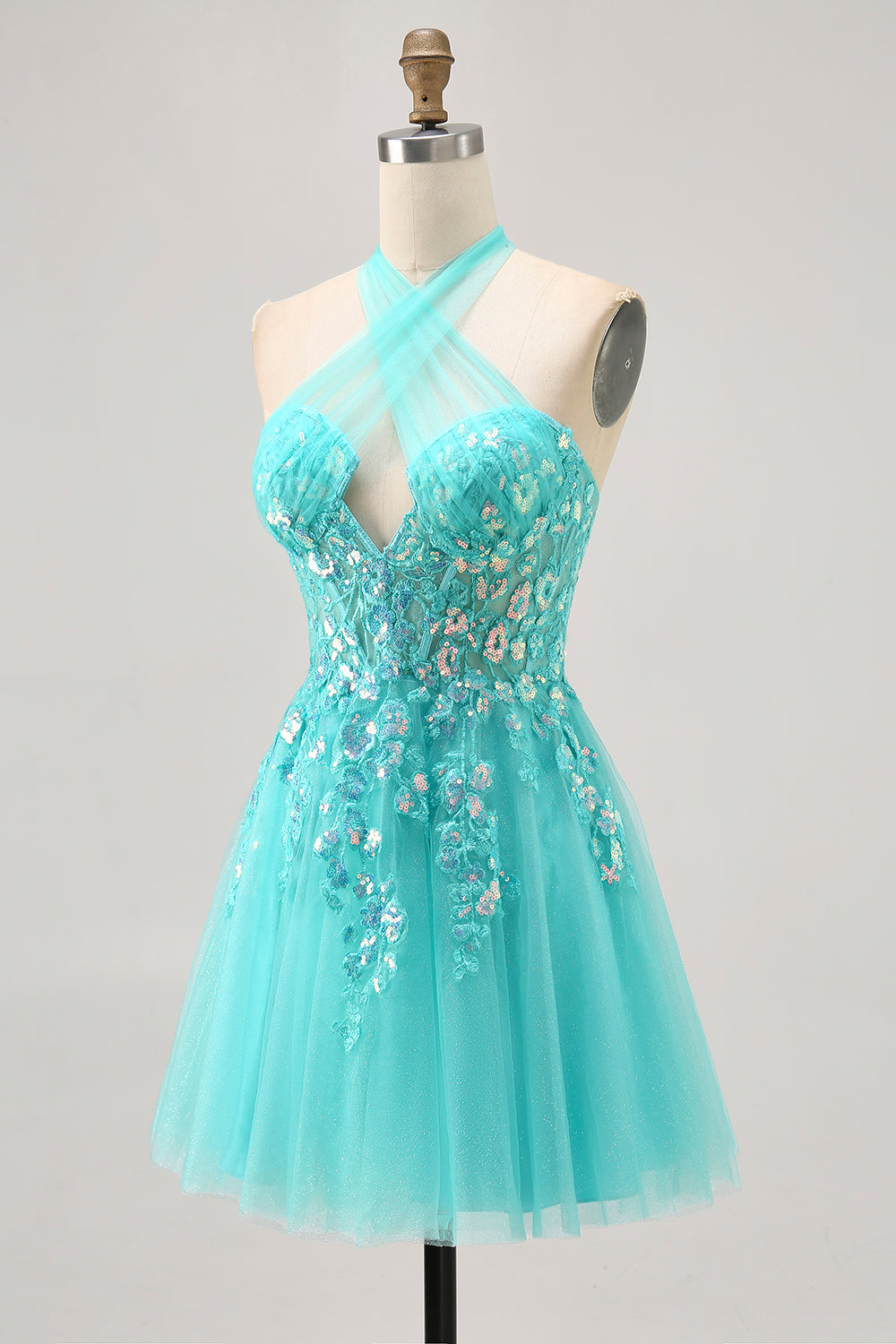 Halter Appliqued A Line Short Green Cocktail Dress
