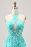 Halter Appliqued A Line Short Green Cocktail Dress