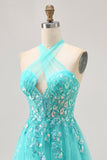 Halter Appliqued A Line Short Green Cocktail Dress