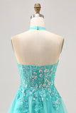 Halter Appliqued A Line Short Green Cocktail Dress