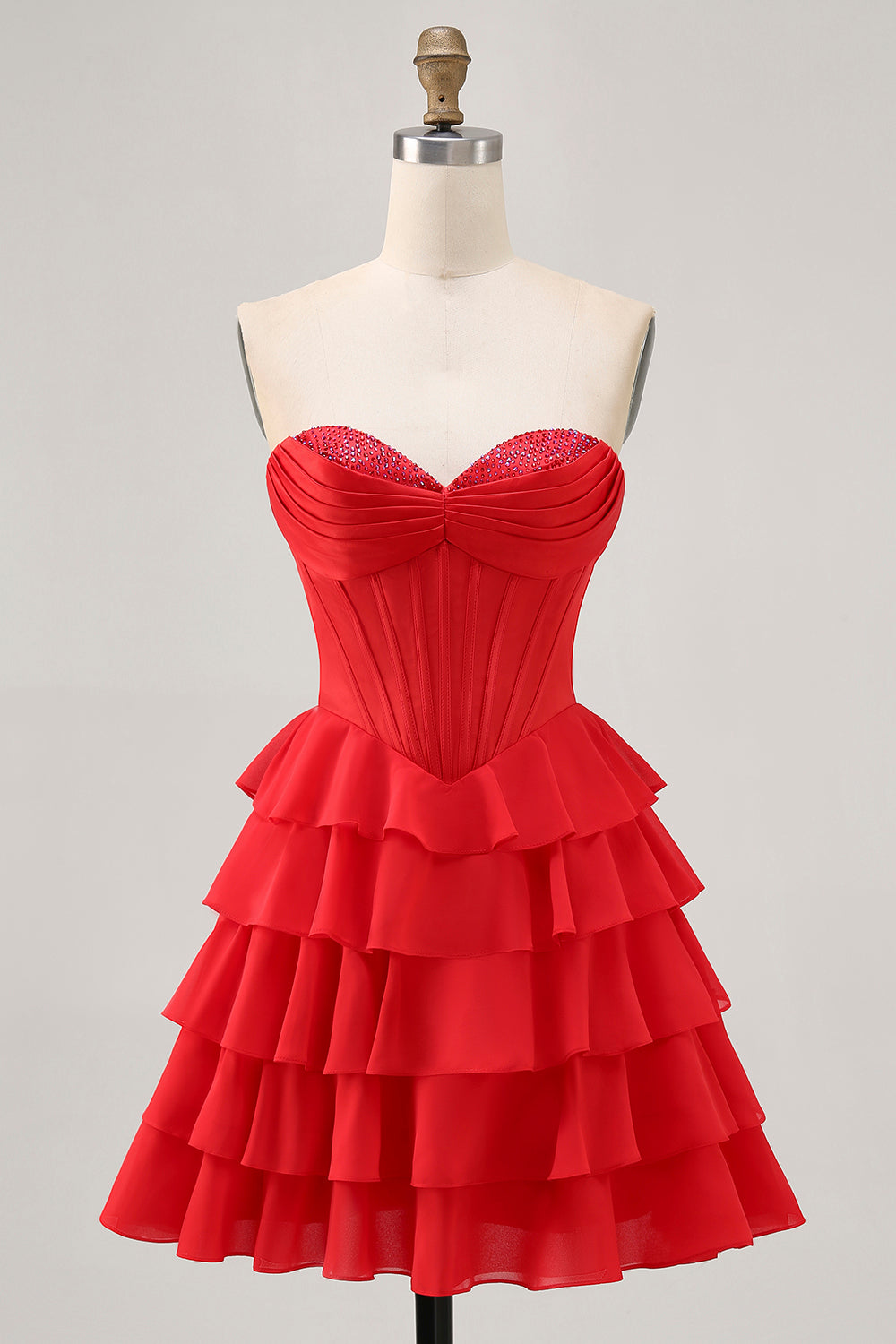 Strapless Red A Line Tiered Corset Short Prom Dress