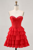 Strapless Red A Line Tiered Corset Short Prom Dress