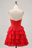 Strapless Red A Line Tiered Corset Short Prom Dress