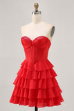Strapless Red A Line Tiered Corset Short Prom Dress