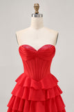 Strapless Red A Line Tiered Corset Short Prom Dress
