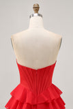 Strapless Red A Line Tiered Corset Short Prom Dress