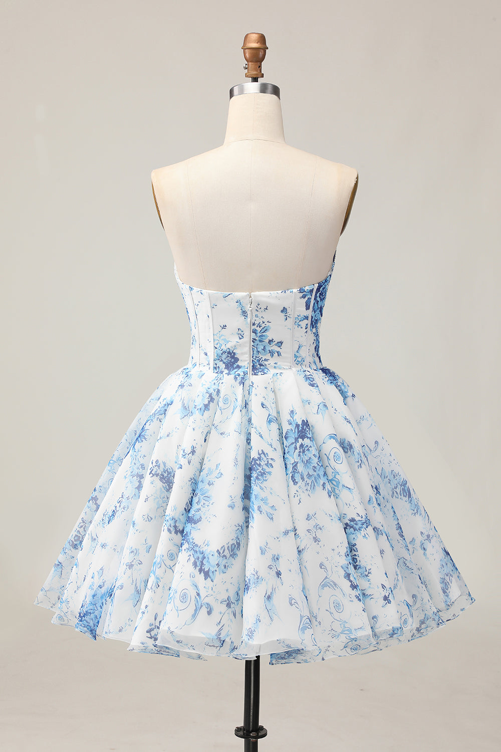White Blue Flower A-Line Strapless Printed Beaded Short Prom Dress