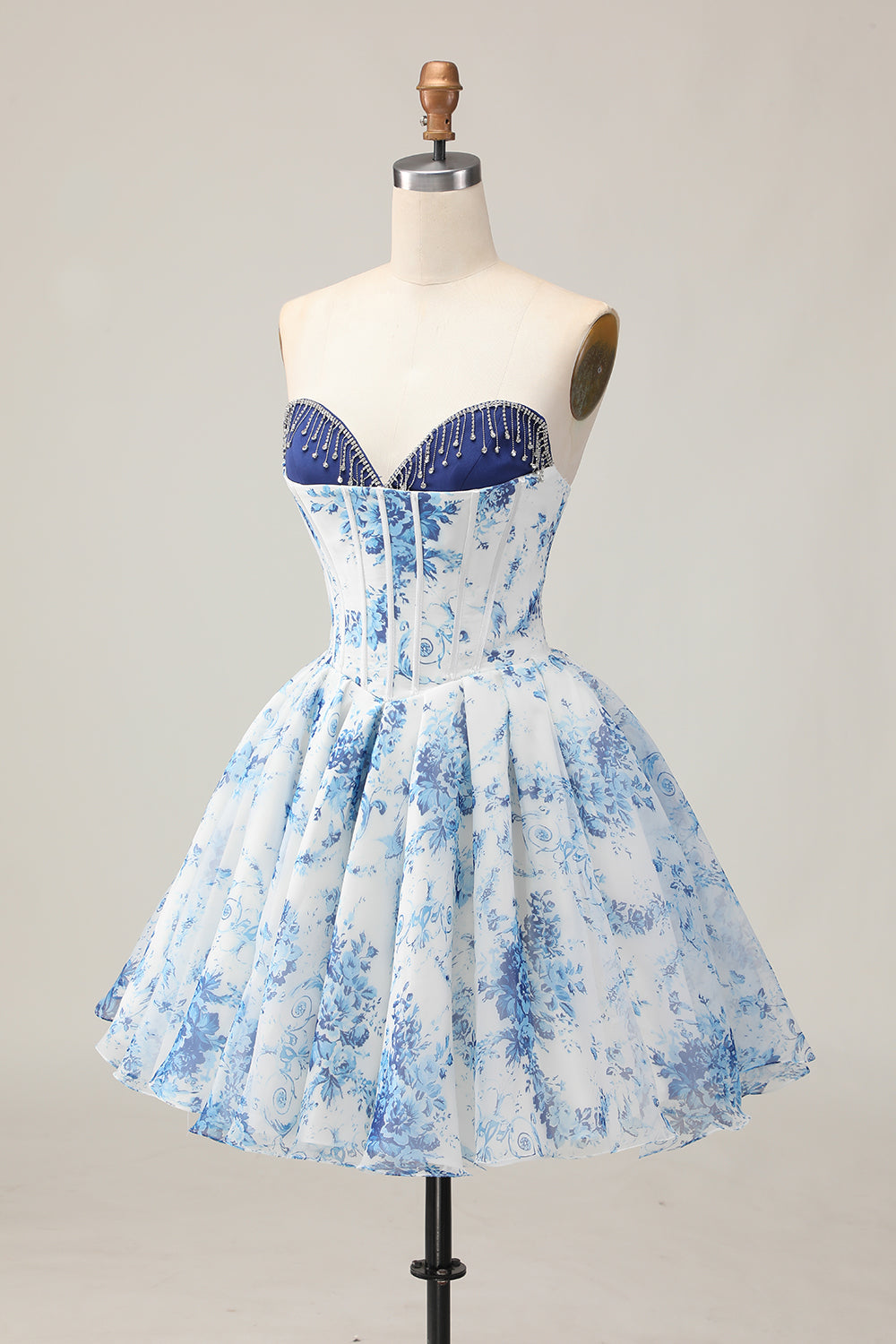 White Blue Flower A-Line Strapless Printed Beaded Short Prom Dress